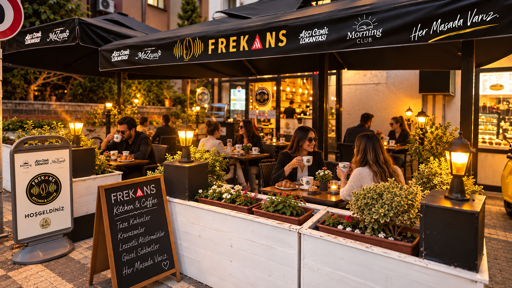 Frekans Kitchen & Coffee bahçesinde kahve ve kruvasan eşliğinde masalarda oturan misafirler; sıcak ışıklar ve Frekans tabelası.